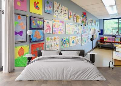 Children's art wall display with colorful artwork in bright classroom setting Wall mural