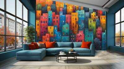 Colorful artistic rendition of a dense, multicolored abstract urban landscape Wall mural