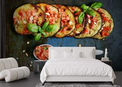 Grilled eggplant with tomatoes and fresh basil, with the addition of crushed walnut, olive oil and tomato salsa. Wall mural