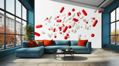 Dynamic composition of various red and white pharmaceutical pills and capsules floating against a clean white background, representing healthcare, medication, and the pharmaceutical industry Wall mural