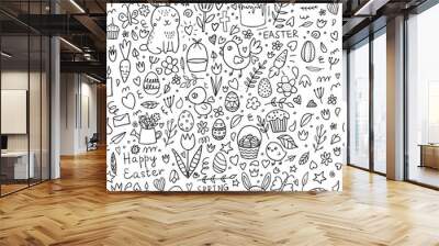 Easter seamless doodle background and spring elements: chickens, eggs, flowers, tulips and Easter rabbits Wall mural