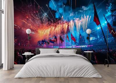 Firework display lights up the night sky over a jubilant crowd at an Olympic stadium celebration Wall mural