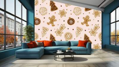 Hand drawn seamless pattern with cookie. Cute gingerbread repeating wallpaper. Vector design for Christmas season. Wall mural