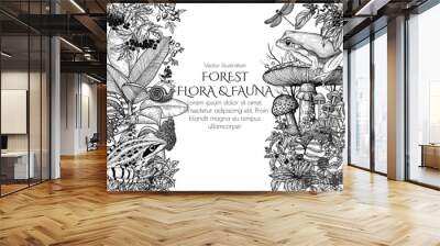 Vector frame of frogs in the forest with snail, dragonfly, hornbeams, berries and plants in engraving style Wall mural