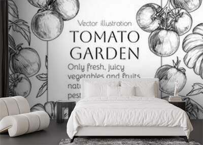 Vector frame of tomatoes in engraving style. Cherry tomato on a branch with a leaf, whole tomatoes, half, slice and piece Wall mural