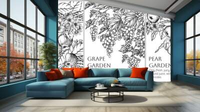 Vector set of 3 banners with fruits and berries in engraving style. Apple, pear, grapes Wall mural