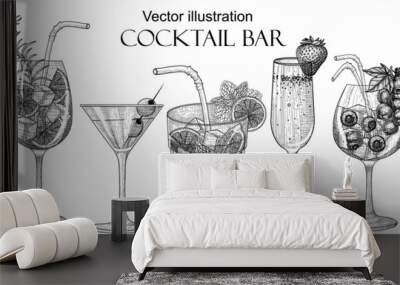 Vector set of 5 different cold drinks in glasses in engraving style. Graphic linear aperol spritz, mojito, strawberry champagne, berry cocktail, martini Wall mural