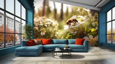 Honey bee collecting bee pollen from white flower blossom in sunlight, Bee collecting honey, ai generated. Wall mural