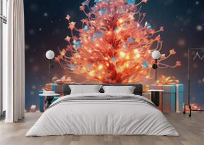 Illuminated christmas gift boxes on winter snow, outdoor background, Merry Christmas and Happy New Year. Wall mural