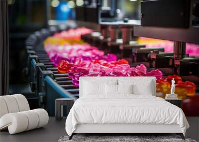 Jelly candies being processed on a sophisticated conveyor belt system in a contemporary manufacturing Wall mural