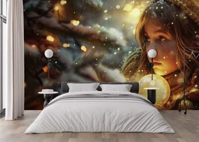 Joyful girl in a magical winter scene, with the warmth of a golden glow on a Christmas evening. Wall mural