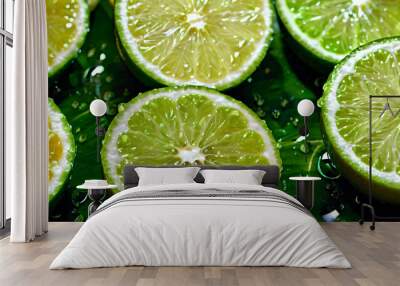 Juicy rings of fresh green lime with drops of water Wall mural