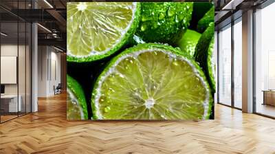 Juicy rings of fresh green lime with drops of water Wall mural