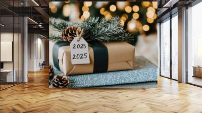 A beautifully wrapped gift adorned with dark green ribbon, pine cones, and a 2025 tag sits atop two light blue patterned books, perfect for holiday celebrations Wall mural