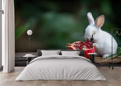 A small rabbit munches on pomegranate seeds, sitting in front of a half-cut fruit, with lush green foliage blurred in the background, creating a peaceful atmosphere Wall mural