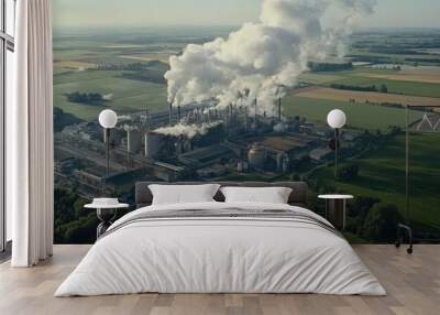 A striking aerial perspective of a contemporary chemical plant in Germany. The facility features large smokestacks and tanks, framed by verdant fields during golden hour. Wall mural