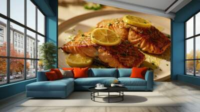 Close-up of two pan-seared salmon fillets with lemon and garnish on top, placed in an oval white plate and drizzled with an amber sauce. Salmon on a wooden table with studio lighting. Wall mural