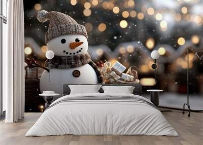 The snowman, adorned with a scarf and hat, is surrounded by beautifully wrapped gifts and twinkling lights, creating a warm and joyful atmosphere for the holidays Wall mural