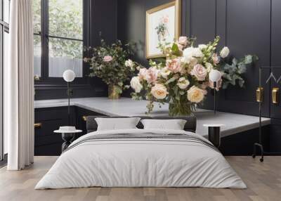 This laundry room showcases dark gray walls adorned with black wood paneling, a white marble countertop, and elegant gold accents, creating a blend of modern and classic design Wall mural