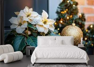 Two black glossy planters stand beside a modern home entrance, decorated with festive Christmas ornaments and greenery, illuminated by warm sunlight. Wall mural