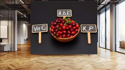 cranberries in a basket and the names of vitamins written on the tablets Wall mural