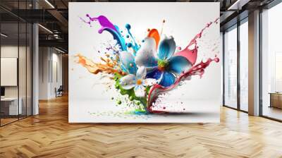 Levitating of spring or summer colorful flower bouquet with liquid water splash on white background, Blooming levitation, Greeting card, Surreal aesthetic nature concept AI Generative Wall mural