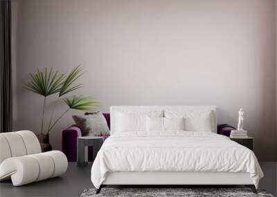 3d render living room with a bright sofa in purple velor. accent textiles. Plant in a copper vase. Soft beige carpet. Lilac tones. Beige pink paint Wall mural