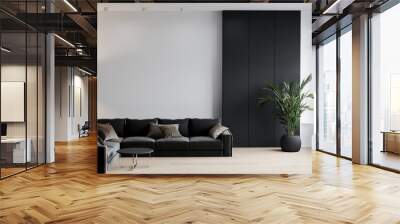 Black and white large living room. A chic room with a huge lounge hall Black couch and white empty walls. Mockup design interior home or reception foyer. 3d rendering Wall mural