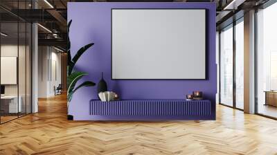 Large black horizontal canvas frame for a picture. A table and a bright wall in the color of Very Peri or Lavender. Decor and accent mockup art or blank. 3d rendering Wall mural