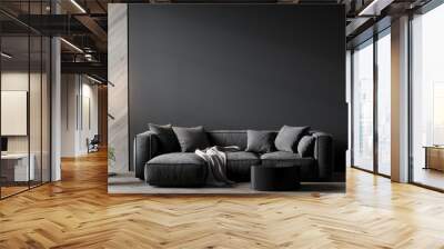 Living room in gray and black colors. Blank empty dark room interior. Design in minimalist style. Graphite modern sofa and herringbone beige accent. 3d render Wall mural