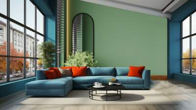 Living room modern lounge with green paint wall empty paint background for art. Interior design mockup. Bright orange terracotta brown color accent sofa couch. Black elements decor mirror. 3d render Wall mural