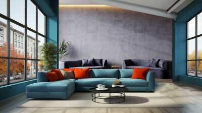 Luxury premium living room with sofas and table. Accent empty wall with decorative plaster stucco - gray microcement texture concrete. Dark blue navy interior design reception. Mockup art. 3d render  Wall mural