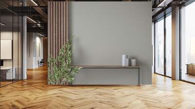 Mockup empty grey wall for painting or art. Neutral pastel colors accent zone. Gray or taupe tone gallery exhibition rooms or hallway. Console table with decor and wooden rails. 3d rendering Wall mural