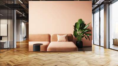 Trend living room in stylish 2024 color. Peach fuzz 2024 color of the year wall, pillows, lounge furniture. Empty space art. Rich interior design warm pastel. Mockup lounge reception hall. 3d render Wall mural