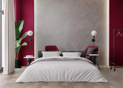 Viva magenta trendy color year 2023 in luxury living lounge or reception. Crimson red burgundy colour chairs and wall gray  accent plaster background. Modern room design interior home.  3d render  Wall mural