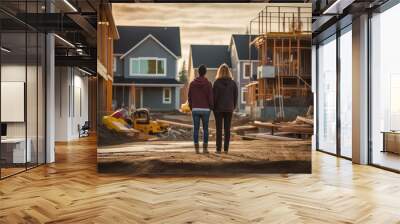 A couple looks at a house under construction. Generative AI technology. Wall mural