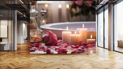 Rose petals in the bathroom. Romance. Wall mural