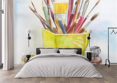 Stilllife with art materials in watercolor. yellow mug, brush, p Wall mural