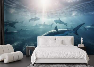 Many white tiger sharks underwater in the ocean sunlight,  AI Generative. Wall mural