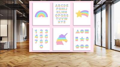 Playroom wall art set pop it fidget toy vector design with alphabet and numbers. Playroom poster preschool education printable banners in pastel popit style. Popit design as a trendy silicone toys. Wall mural