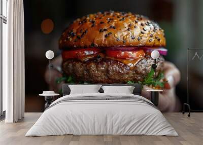 Mouthwatering close-up of a handcrafted gourmet beef burger with melted cheddar Wall mural