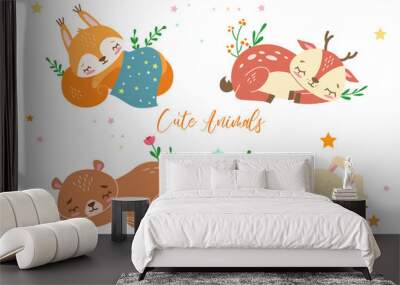 Nursery sleeping cute animals collection. Squirrel, teddy bear, deer and bunny. Cartoon vector illustration. Wall mural