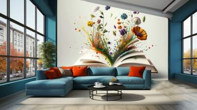 Open book with fantastic levitation glowing colorful flowers splash on white background, beautiful, World book day, knowledge and creativity concept, spring, summer mood. Wall mural