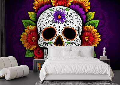 Ornamental Calavera of Día de los Muertos: A Festive Sugar Skull Adorned with Bright Flowers and Heart-Shaped Nasal Cavity, Celebrating Life and Death with Intricate Petal Patterns and a Purple Textur Wall mural