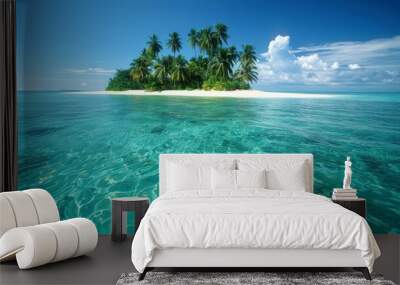 Panoramic view of a serene tropical island with lush palms on a sunny day Wall mural