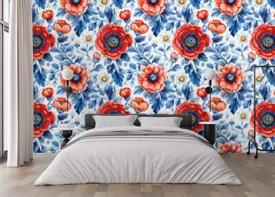 Seamless floral pattern with red and blue hues for background Wall mural