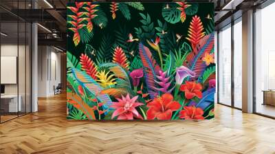 Tropical background from tropical flowers and hummingbird Wall mural