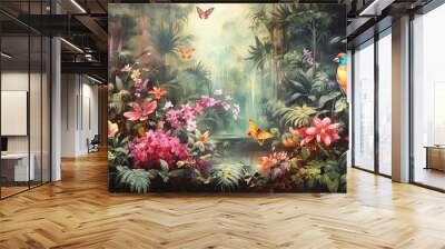 Tropical paradise, background with plants, flowers, birds, butterflies in vintage painting style Wall mural