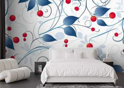 Red berries and blue leaves with snowflakes in a seamless pattern, creating a charming winter design for wallpaper or fabric prints. Wall mural