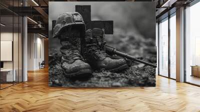 Remembrance and Sacrifice: Military Boots, Helmet, and Rifle at Battle Memorial Site Wall mural